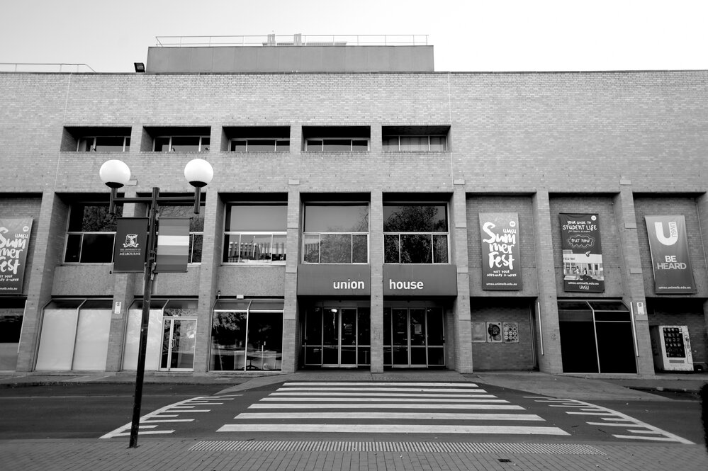 Parkville during COVID lockdown - Eastern entrance to Union House Buidling - Monochrome