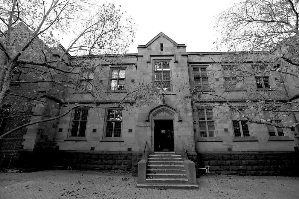Parkville during COVID lockdown - West entrance to Old Arts Building from Professors Walk - Monochrome