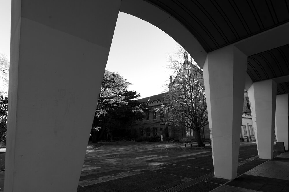 Parkville during COVID lockdown -  Standing under Raymond Priestley Building looking towards east entrance to Old Quadrangle Building - Monochrome