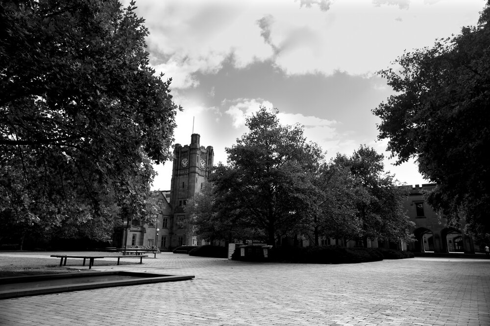 Parkville during COVID lockdown - Clocktower on Southlawn and Old Quadrangle Building - Monochrome