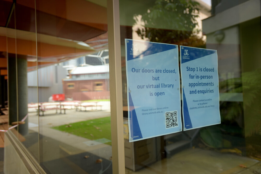 Southbank Campus during COVID lockdown - Signage at The Hub - closed during stage 3 and 4 restrictions