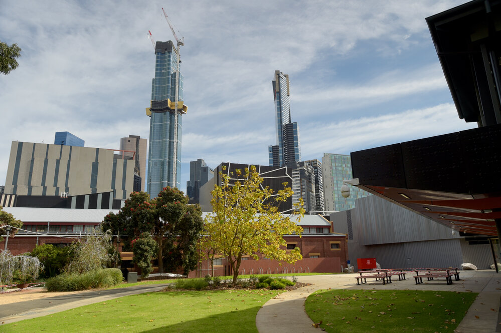 Southbank Campus during COVID lockdown - Wilin Garden looking towards The Stables with Melbourne City in the background