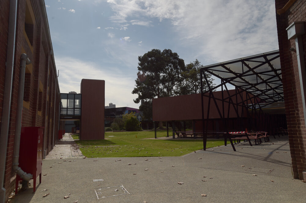 Southbank Campus during COVID lockdown - The Wilin Garden photographed from The Stables Octagon