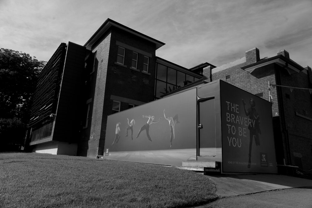 Southbank Campus during COVID lockdown - Marketing campaign temporary shipping container Southbank Blvd - Monoochrome