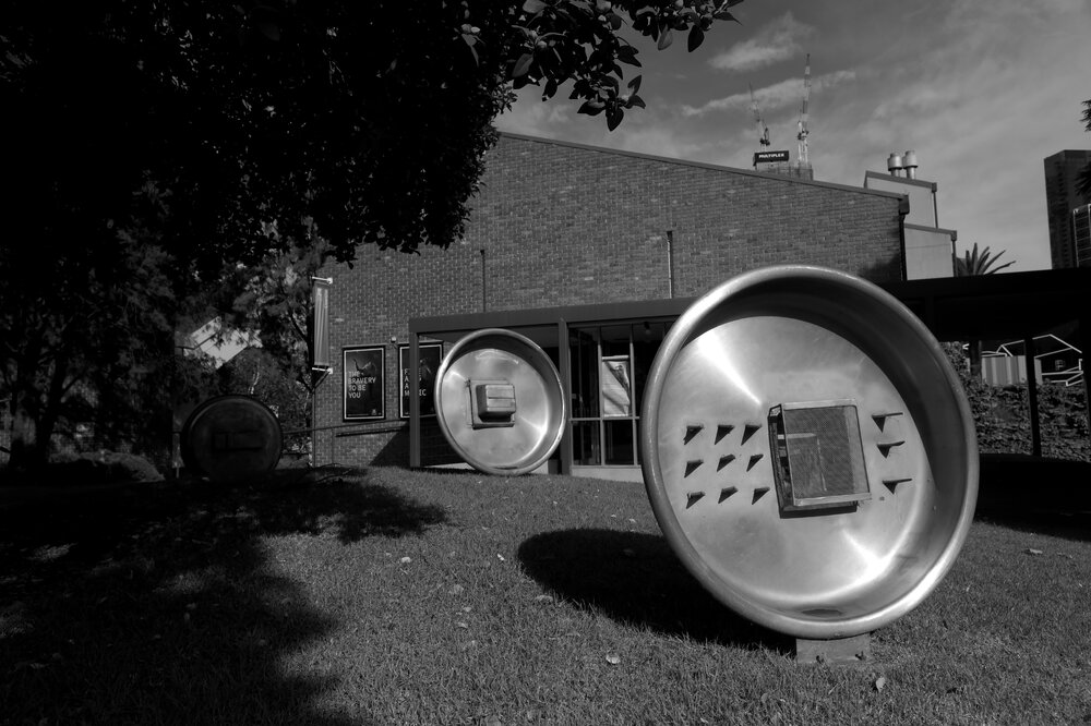 Southbank Campus during COVID lockdown - Sculpture on corner of Southbank Blvd and St Kilda Rd - Monochrome