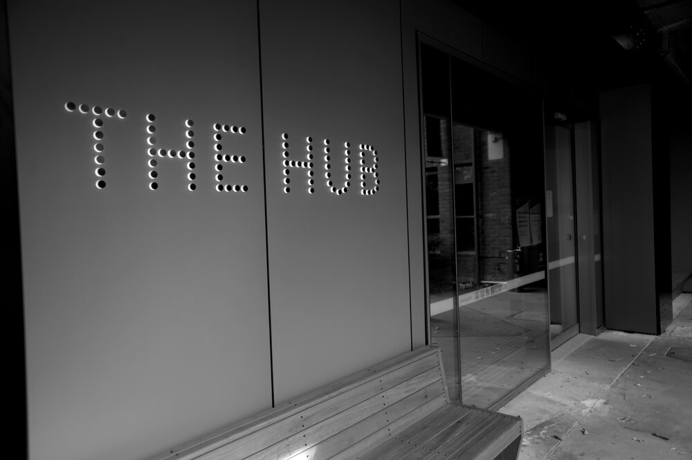 Southbank Campus during COVID lockdown - The Hub closed during stage 3 and 4 restrictions - Monochrome