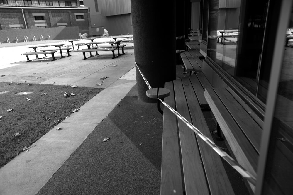 Southbank Campus during COVID lockdown - Seating not permitted outside The Hub during stage 3 and 4 restrictions - Monochrome