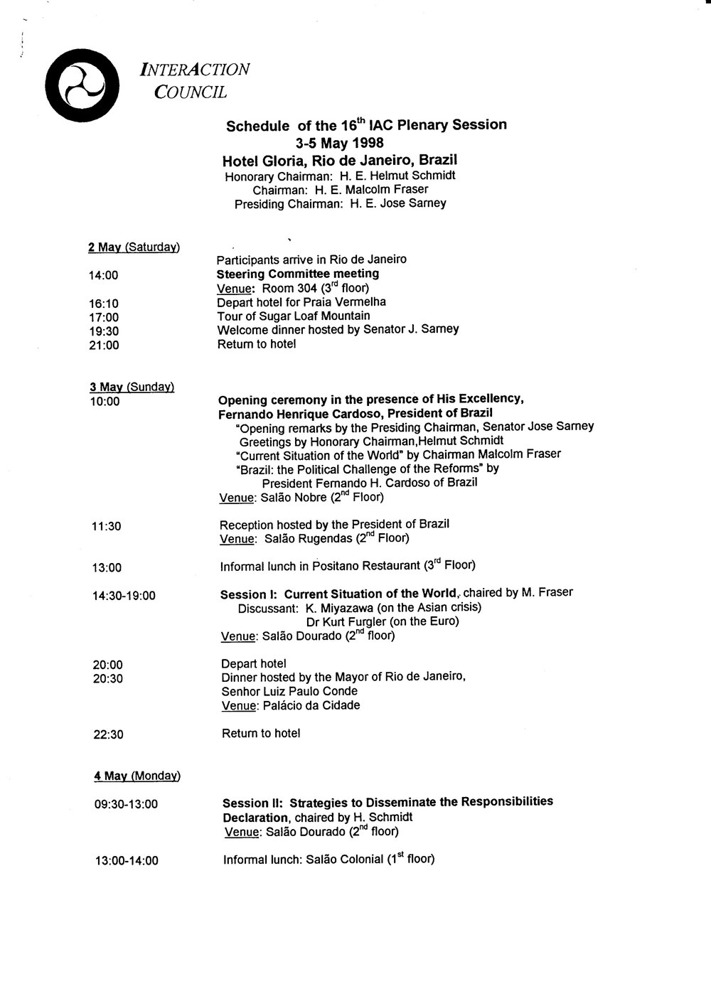 5. Plenary Schedule