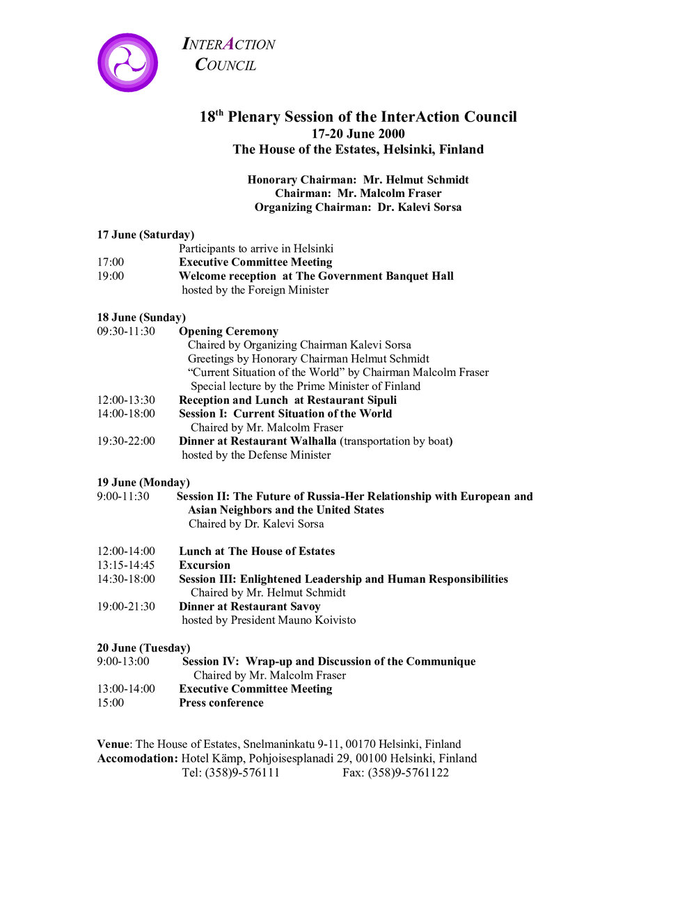 5. Plenary Schedule