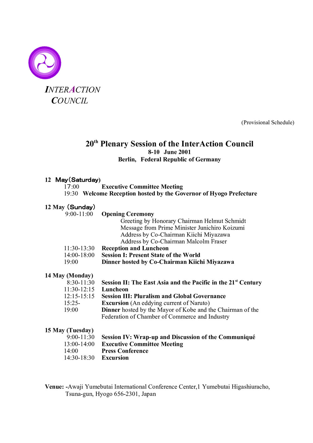5. Plenary Schedule