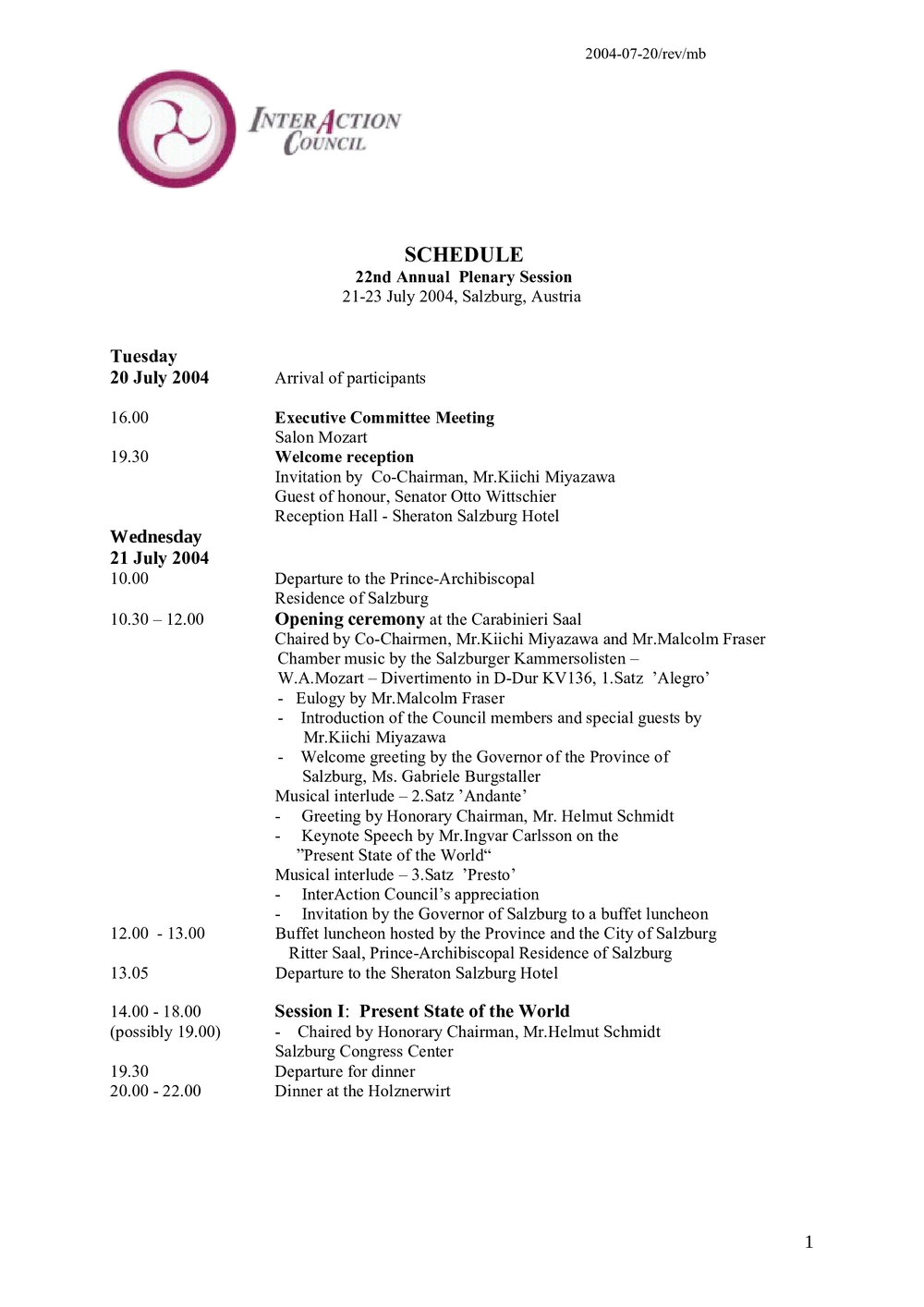 5. Plenary Schedule
