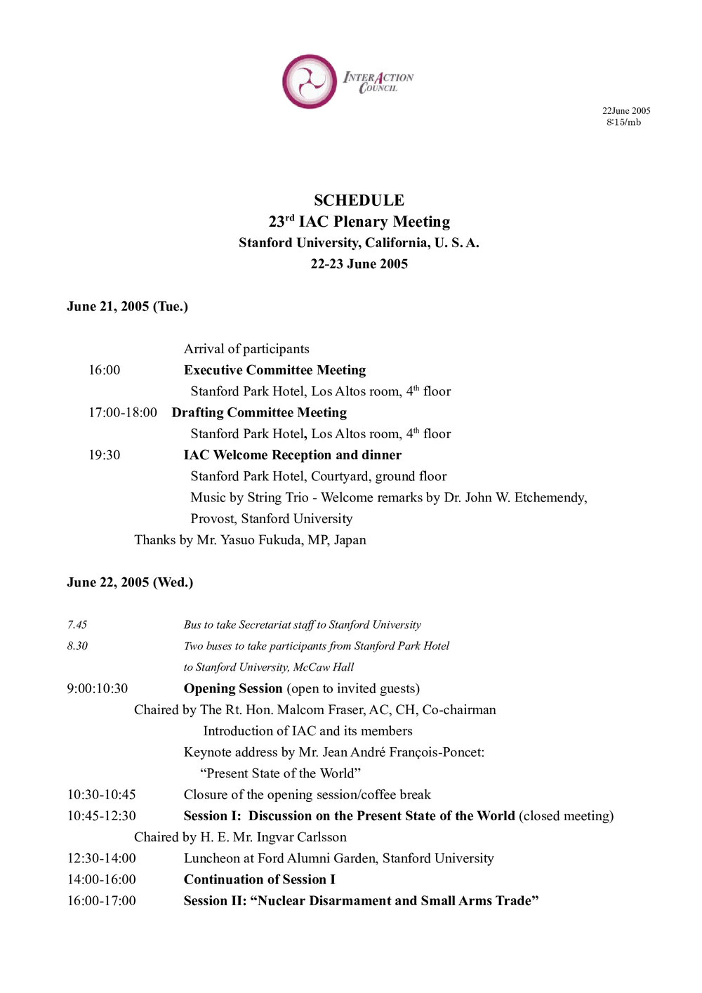 6. Plenary Schedule
