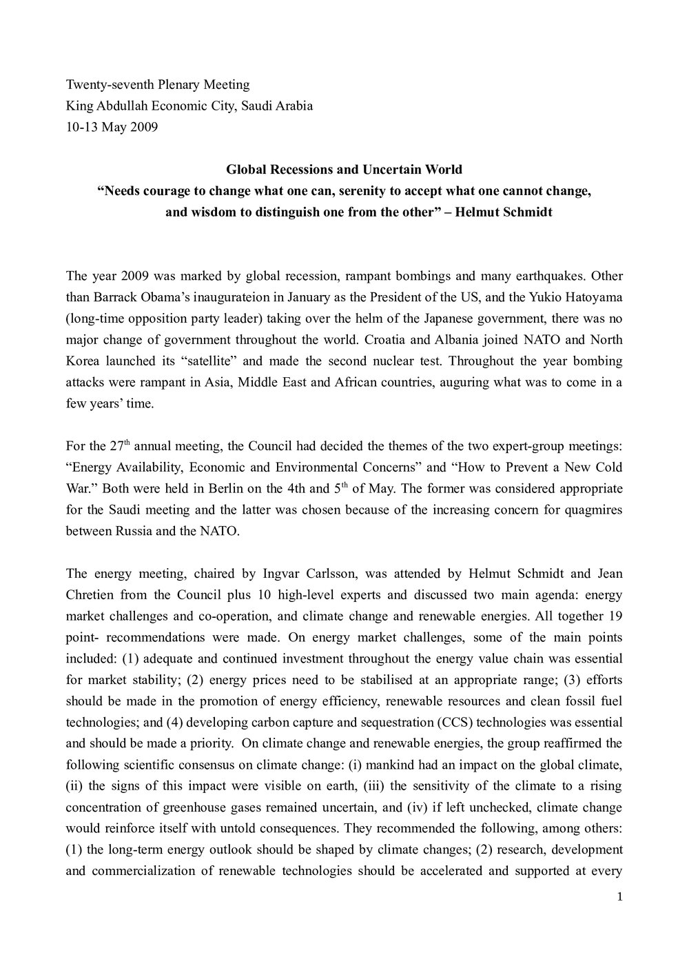1. Saudi Meeting - Background and Summary