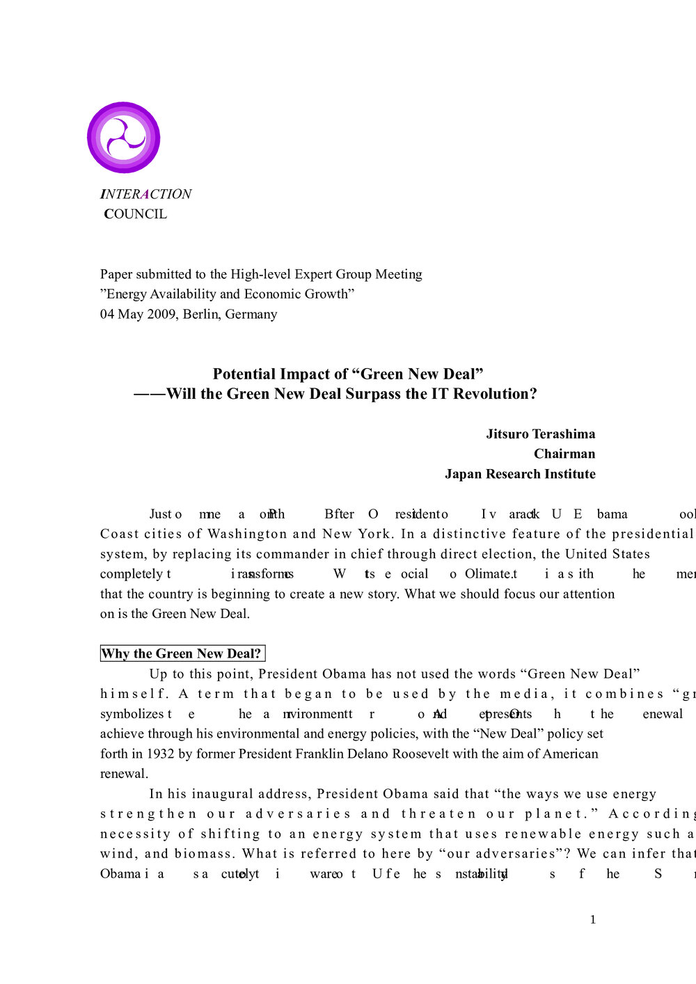 2f2. Terashima、otential Impact of "Green New Deal"、