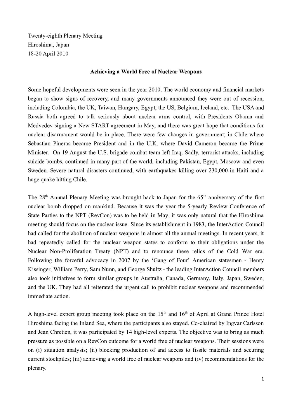 1.Hiroshima Meeting - Background and Summary