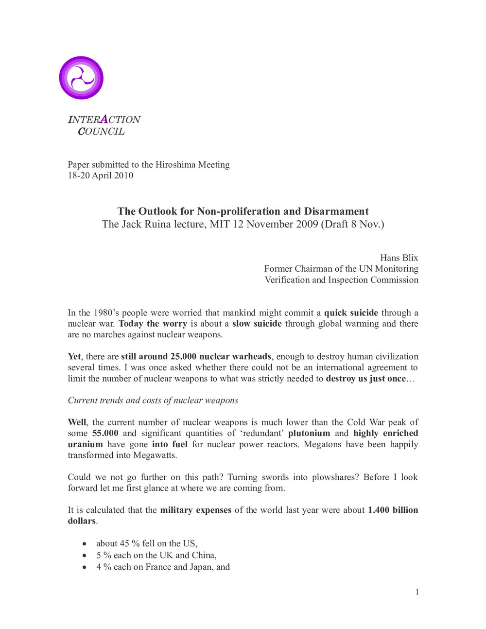 2d. BLIX - The outlook for non-proliferation and disarmament