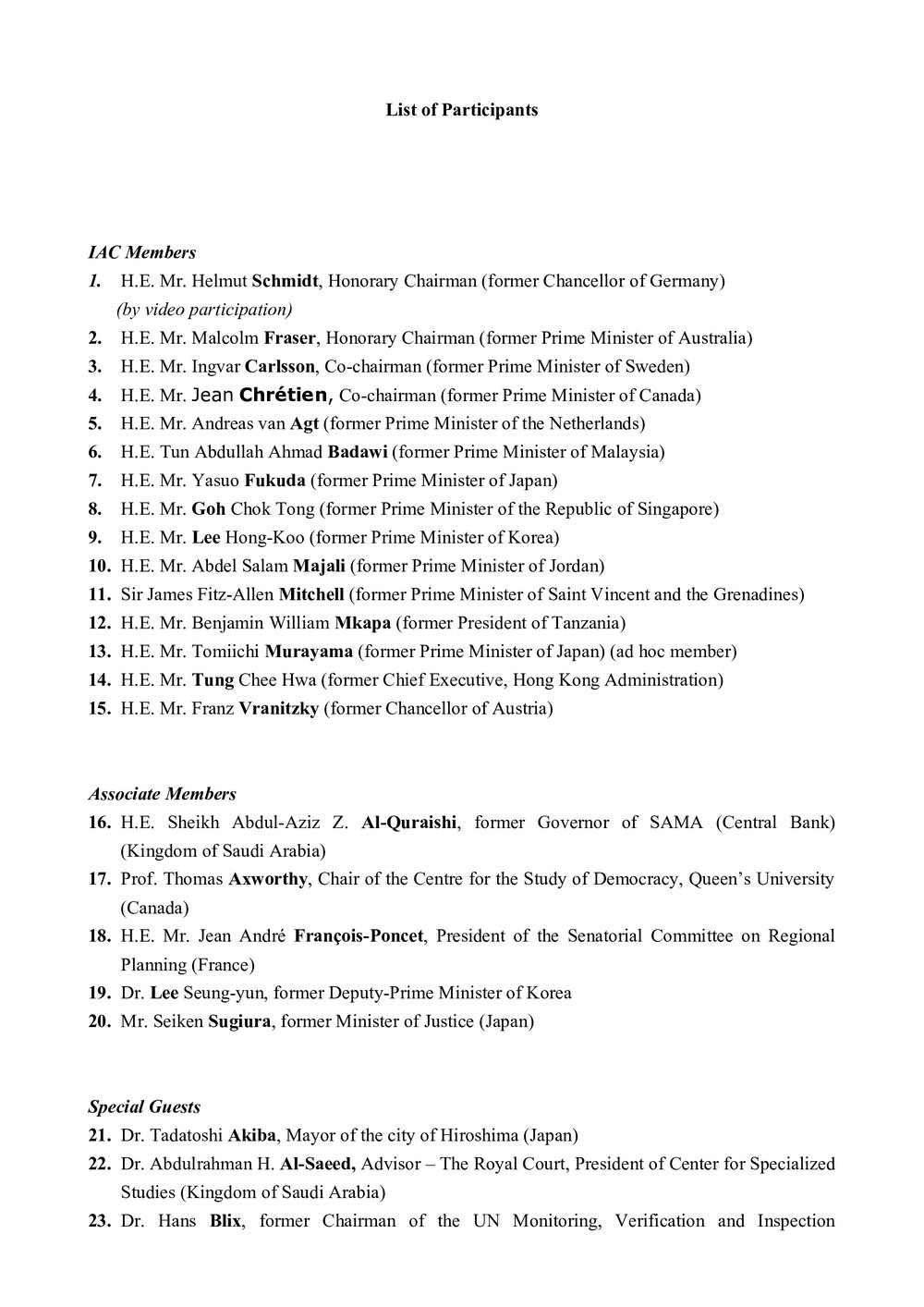 5. Hiroshima Plenary LOP [list of participants]