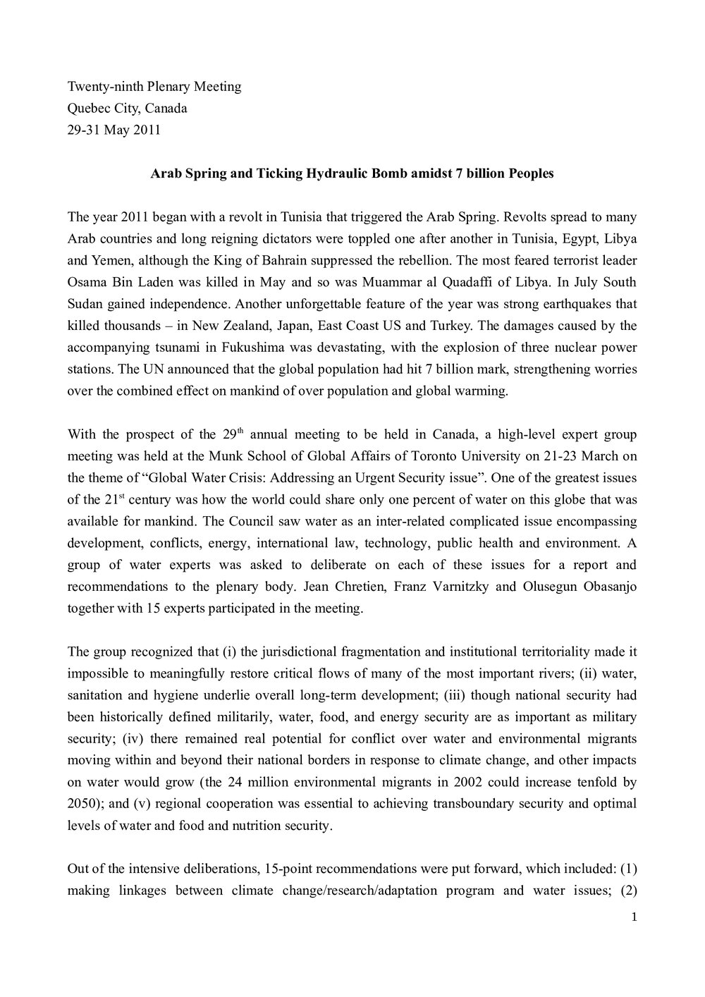 1. Quebec City Meeting - Background and Summary