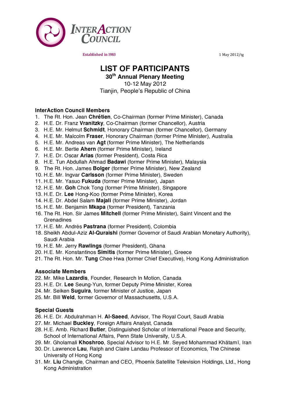 3. Tianjin Plenary LOP [list of participants]