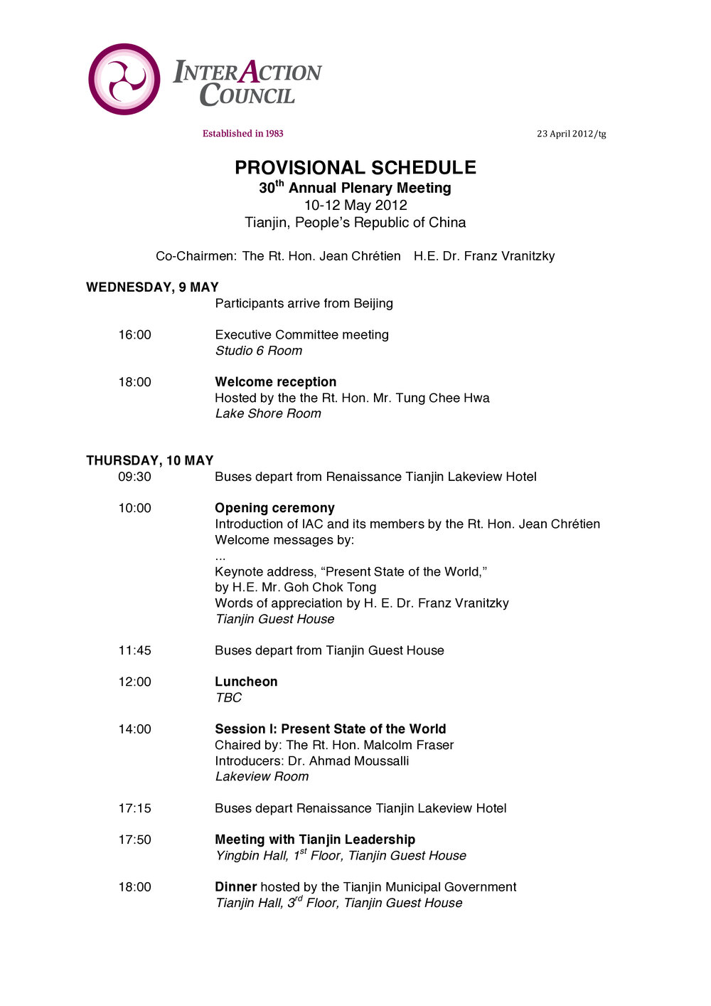 4. Tianjin Plenary Schedule