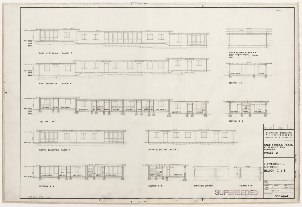 Knottywood Flats, at 63 Wattle Road, Hawthorn. Elevations and Sections Block C and E