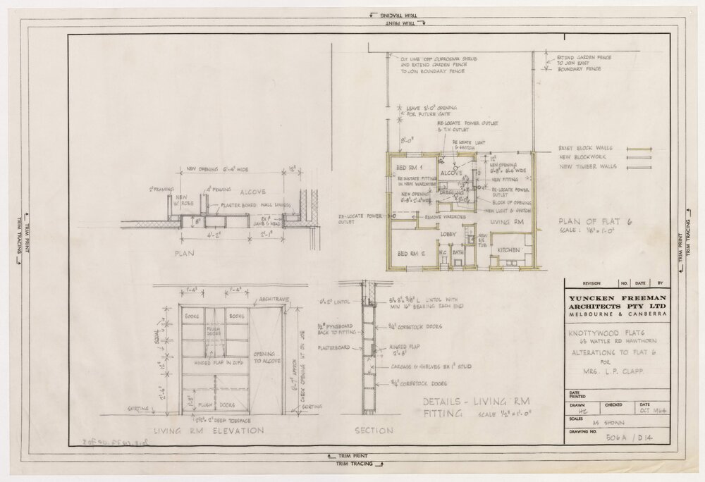Knottywood Flats, at 63 Wattle Road, Hawthorn. Alterations to Flat 6 for Mrs. L P Clapp