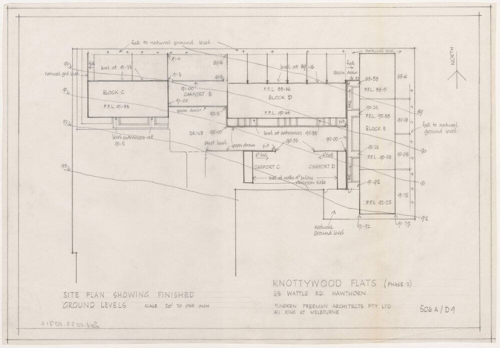 Knottywood Flats, at 63 Wattle Road, Hawthorn. Site Plan Showing Finished Ground Levels