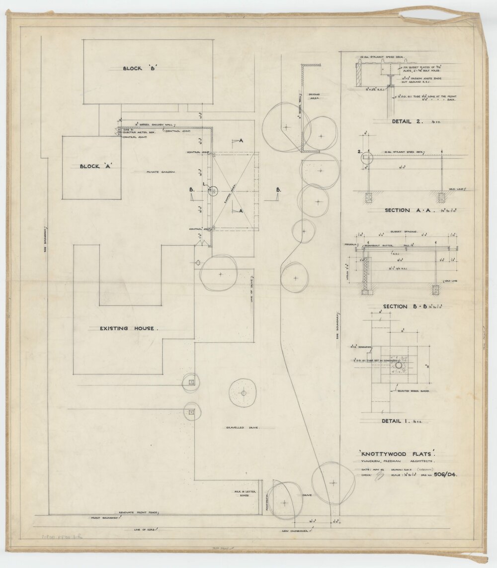 Knottywood Flats, at 63 Wattle Road, Hawthorn. Plan, Sections and Details