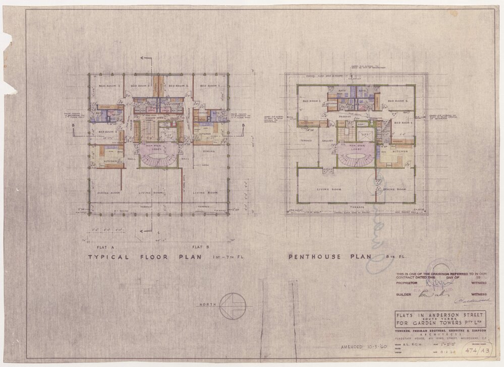 Flats in Anderson Street, South Yarra for Garden Towers Pty Ltd. Typical Floor Plan and Penthouse Plan