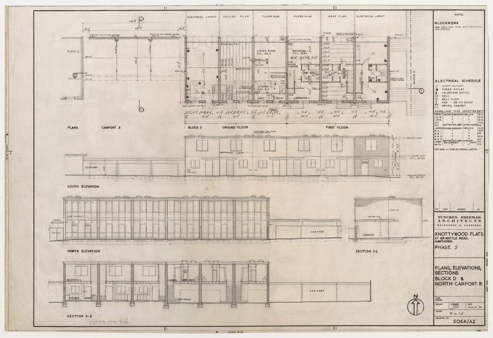 Knottywood Flats, at 63 Wattle Road, Hawthorn. Plans, Elevations, Sections. Block D and North Carport B