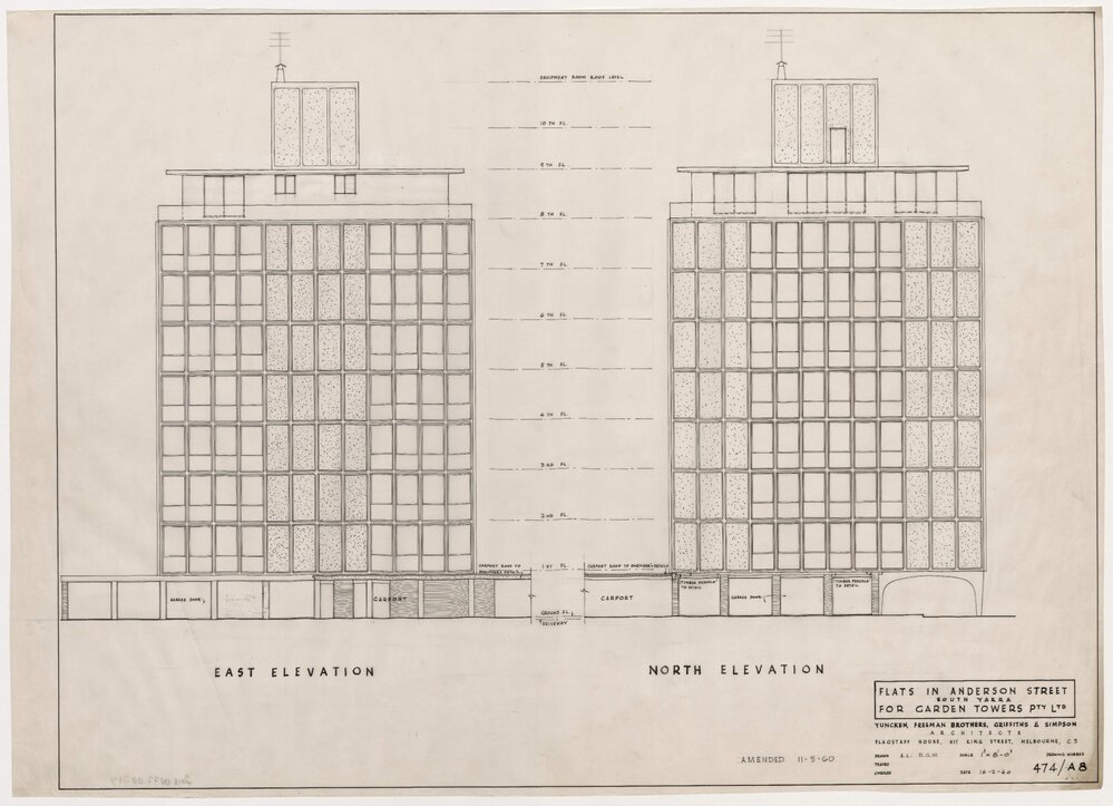 Flats in Anderson Street, South Yarra for Garden Towers Pty Ltd. East and North Elevation