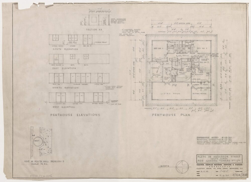 Flats in Anderson Street, South Yarra for Garden Towers Pty Ltd. Penthouse Plan and Elevations