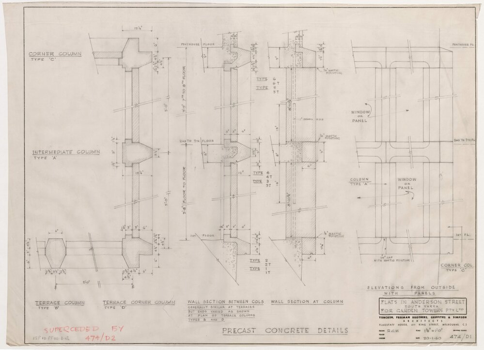Flats in Anderson Street, South Yarra for Garden Towers Pty Ltd. Precast Concrete Details
