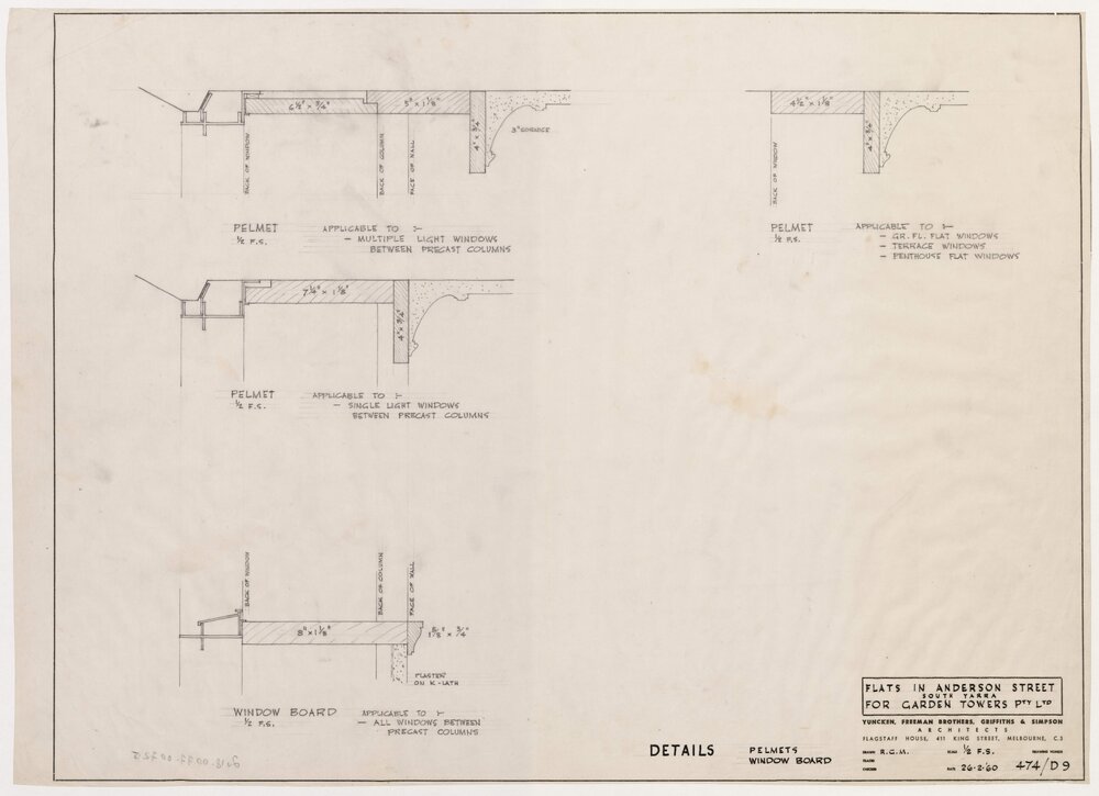 Flats in Anderson Street, South Yarra for Garden Towers Pty Ltd. Details: Pelmets, Window Board