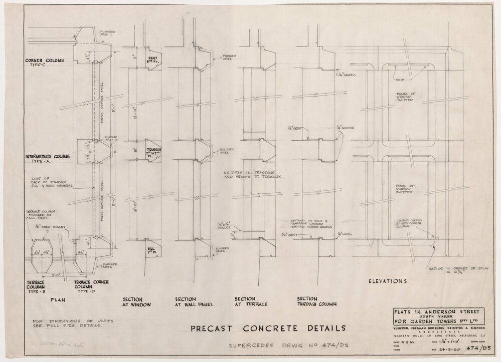 Flats in Anderson Street, South Yarra for Garden Towers Pty Ltd. Precast Concrete Details. Drawing No. 474/D5 supercedes Drawing No. 474/D2