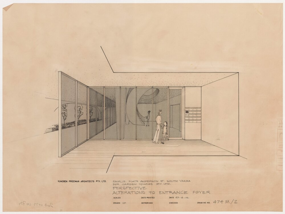 Flats in Anderson Street, South Yarra for Garden Towers Pty Ltd. Perspective Alterations to Entrance Foyer