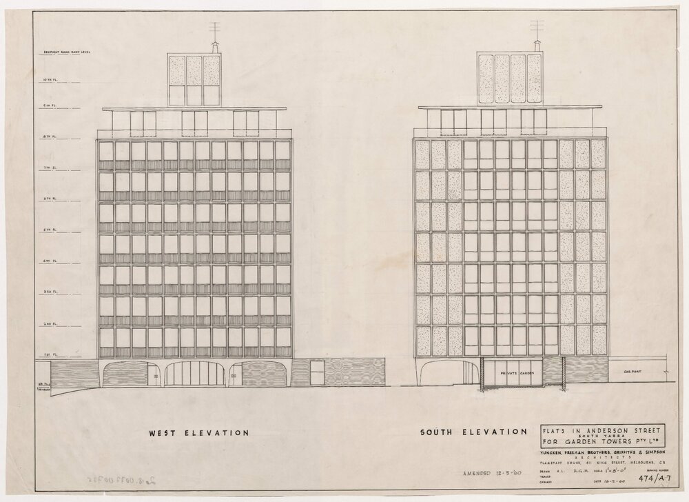 Flats in Anderson Street, South Yarra for Garden Towers Pty Ltd. West and South Elevation