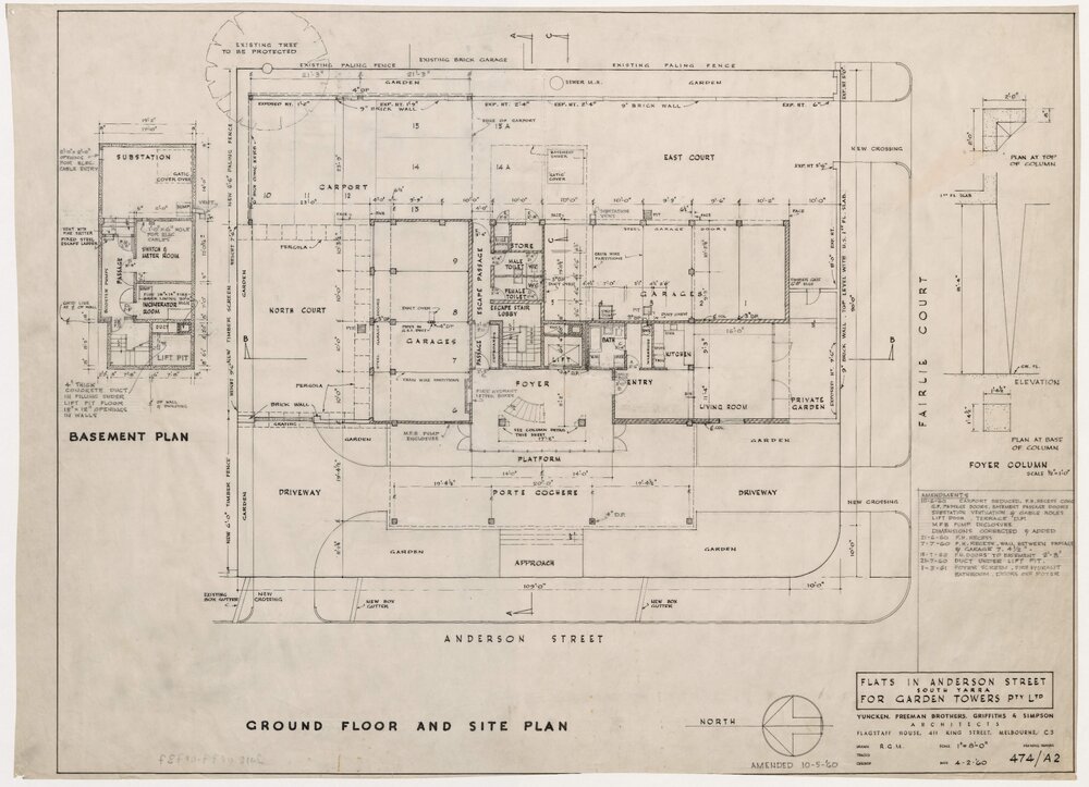 Flats in Anderson Street, South Yarra for Garden Towers Pty Ltd. Ground Floor and Site Plan