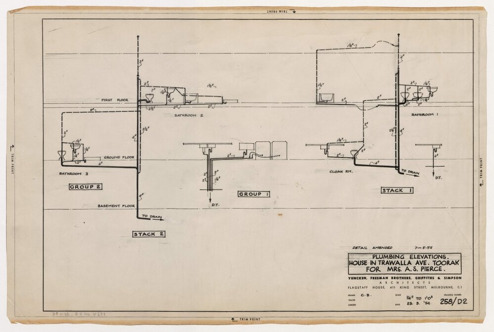 House in Trawall Avenue, Toorak, for Mrs. A S Pierce. Plumbing Elevations
