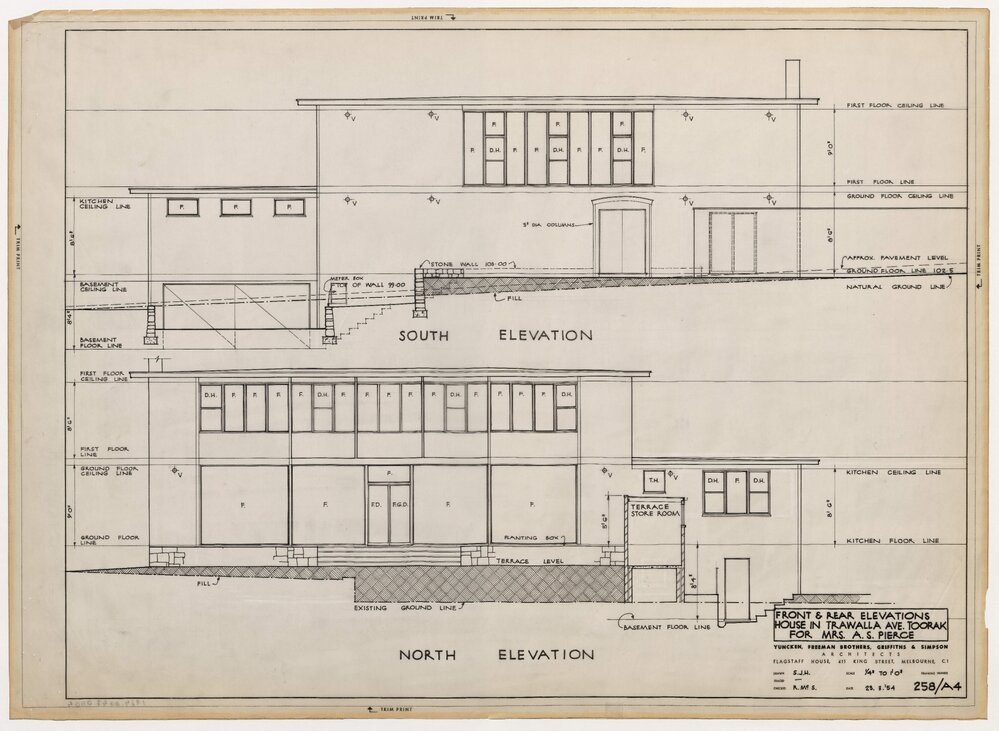 House in Trawall Avenue, Toorak, for Mrs. A S Pierce. Front and Rear Elevations
