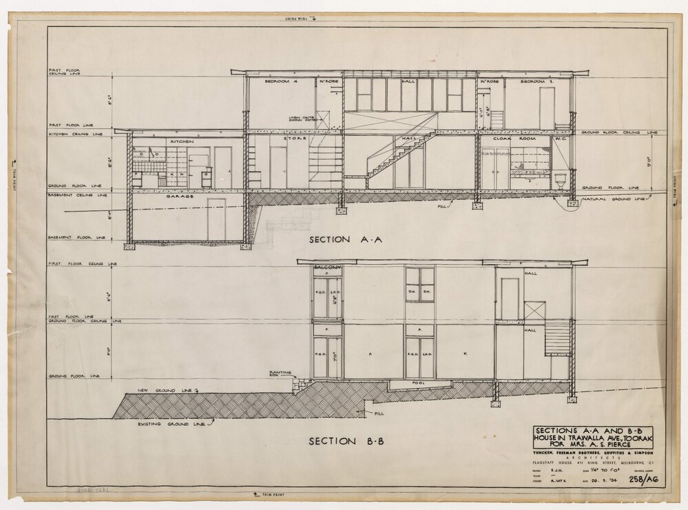 House in Trawall Avenue, Toorak, for Mrs. A S Pierce. Sections A-A and B-B