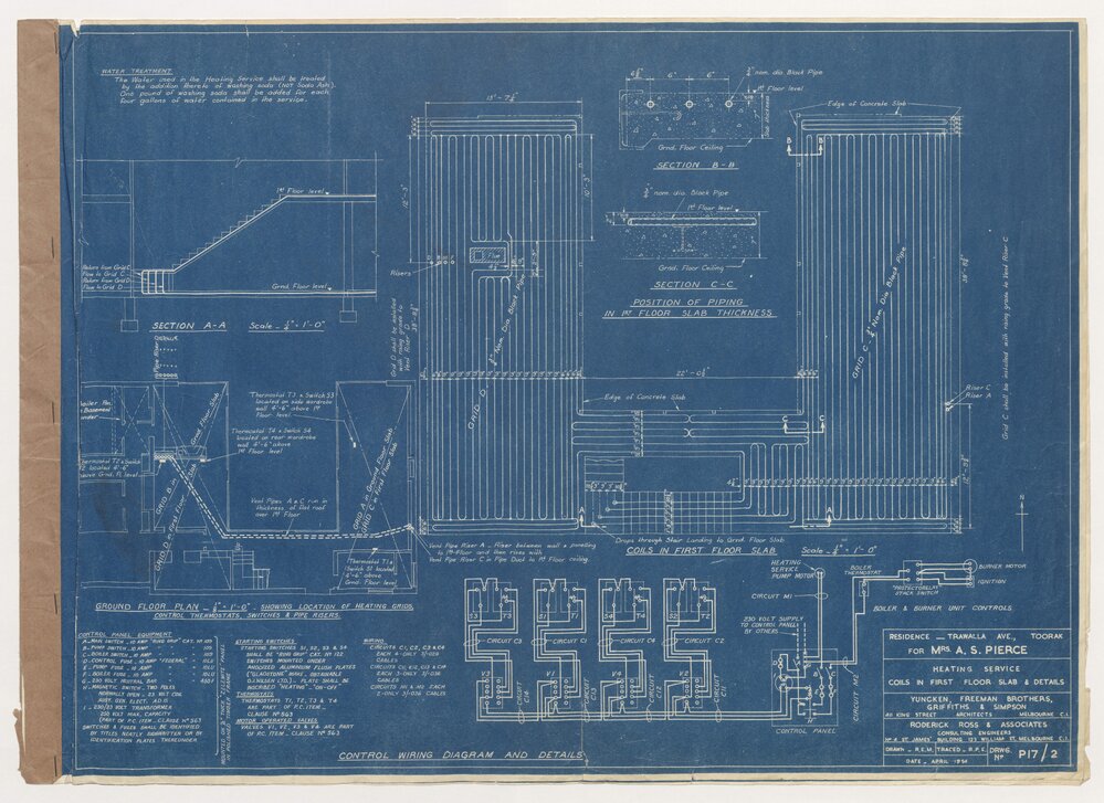 House in Trawall Avenue, Toorak, for Mrs. A S Pierce. Heating Service Coils in First Floor Slab and Details