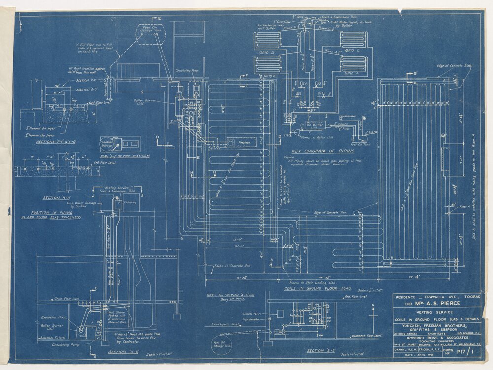 House in Trawall Avenue, Toorak, for Mrs. A S Pierce. Heating Service Coils in Ground Floor Slab and Details