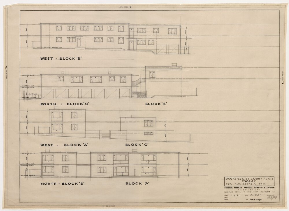 Canterbury Court Flats, Toorak, for A W Dexter Esq. North, South, West Blocks