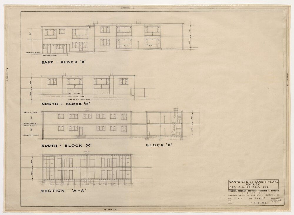 Canterbury Court Flats, Toorak, for A W Dexter Esq. North, South, East Blocks