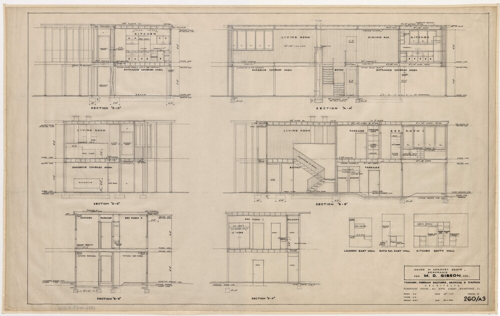 House in Coronet Grove, Beaumaris, for M D Gibson. Sections