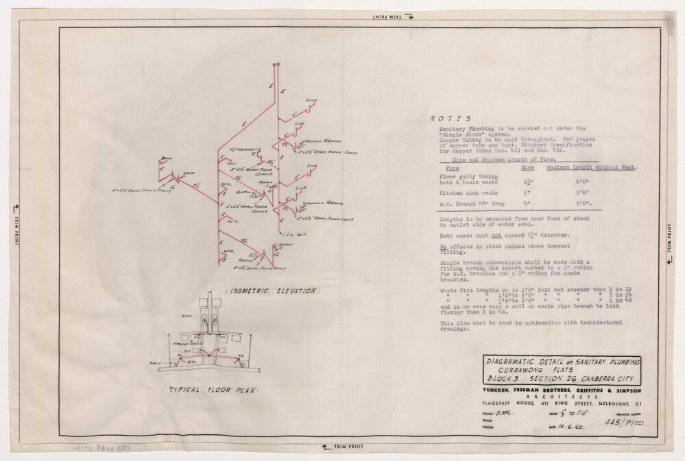 Currawong Flats, Northbourne Avenue, Canberra. Diagramatic Detail of Sanitary Plumbing