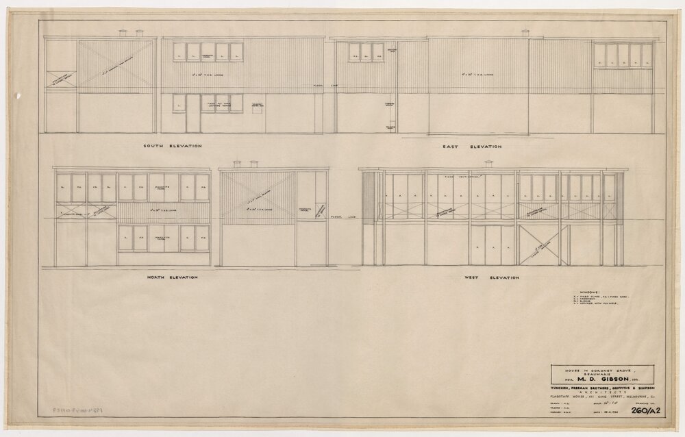 House in Coronet Grove, Beaumaris, for M D Gibson. North, South, East, West Elevations