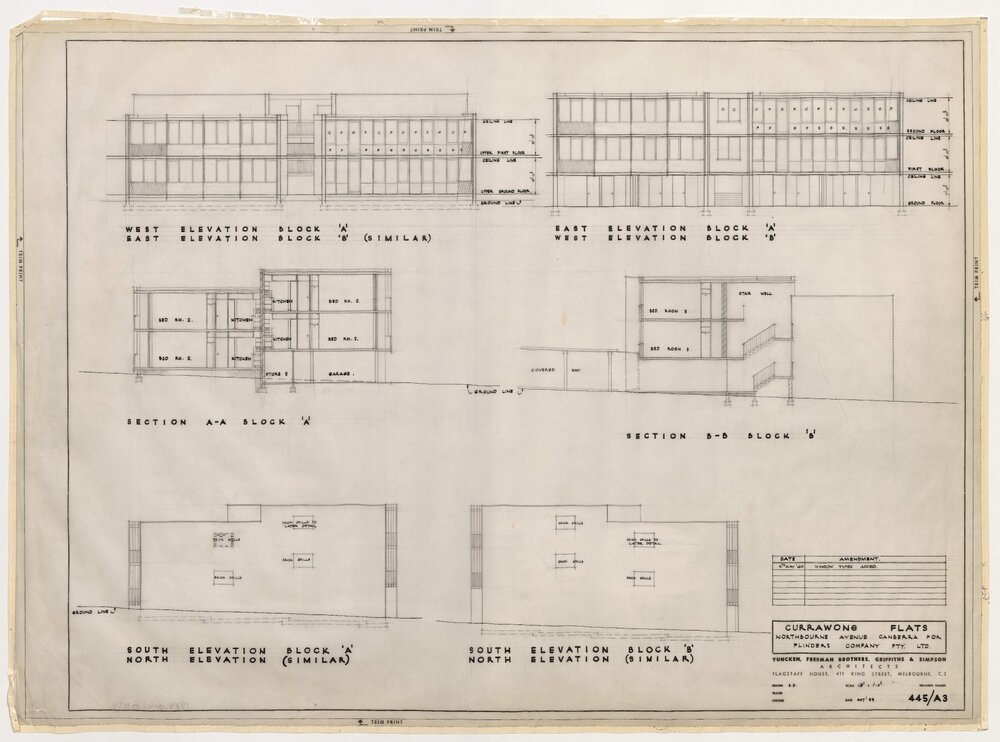 Currawong Flats, Northbourne Avenue, Canberra. Elevations