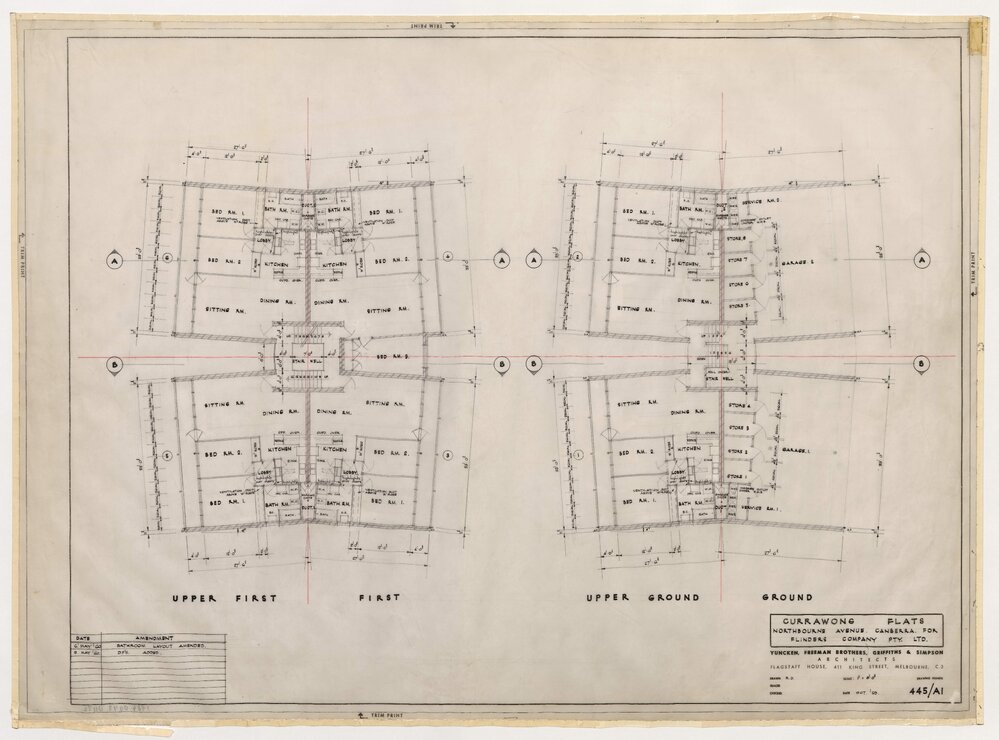 Currawong Flats, Northbourne Avenue, Canberra for Flinders Company Pty Ltd. Ground and Upper Ground, First and Upper First Plan and Ammendments